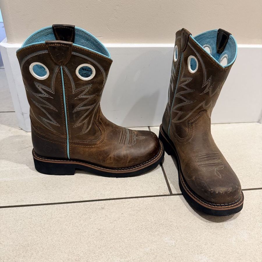 Ariat Girls' Fatbaby cowboy Western Boots - Round Toe, Brown/Turquoise, Size 3 us