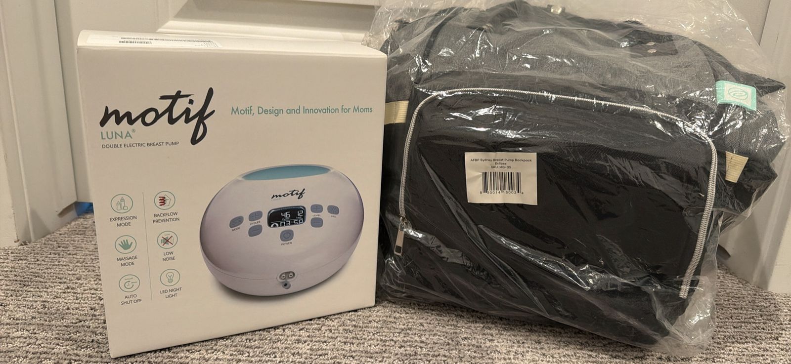 New/unopened Motif Luna Double Electric Breast Pump with Sydney Breast Pump Backpack Set