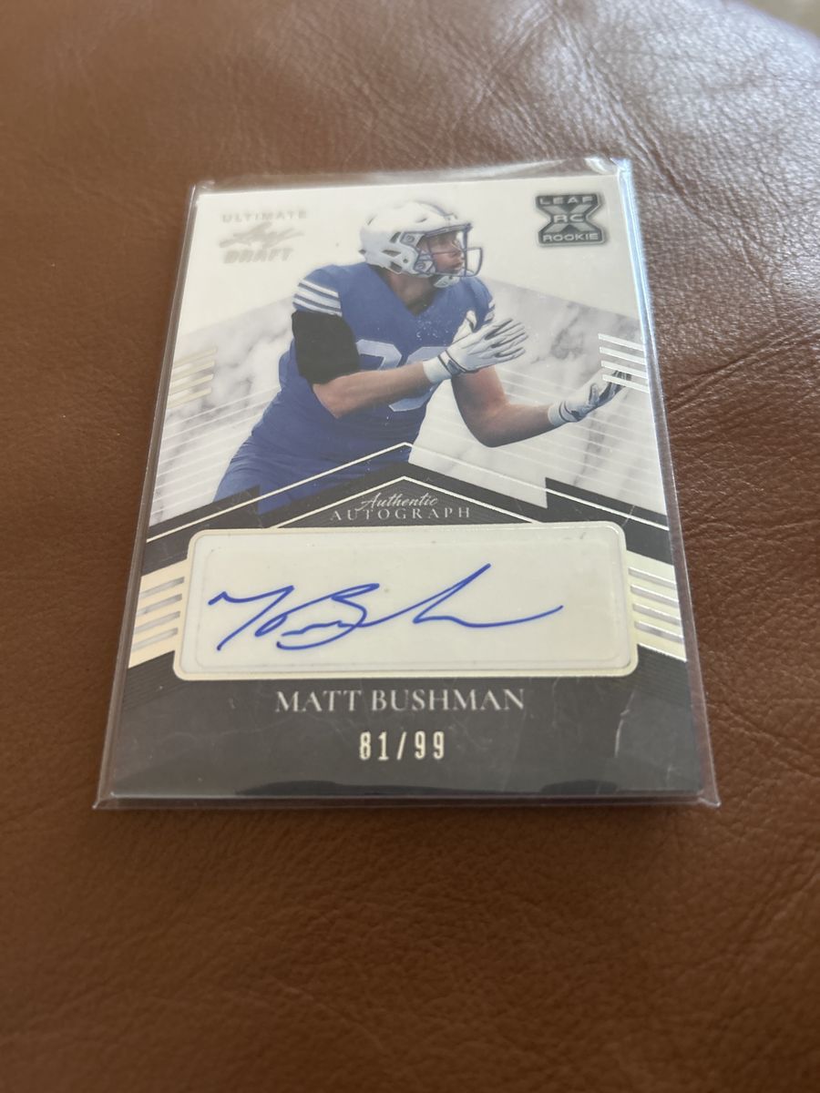 BYU Cougars Matt Bushman 2021-22 Hand Signed Rookie Leaf Ultimate Draft Rookie Autograph Card 81/99 Silver Foil Stamped Football