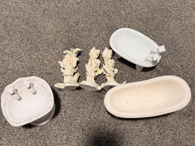 Vintage Bathroom Decor Lot: 2 Miniature Tubs, Basin, & 3 Cherub Figurines - White Ceramic/Porcelain