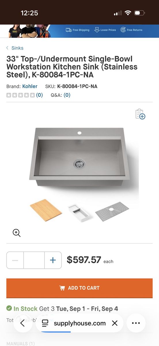 Brand New Kohler 33” stainless Steel Under Mount Sink
