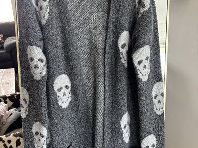 Women's oversized Gray Skull Open-Front Cardigan Sweater