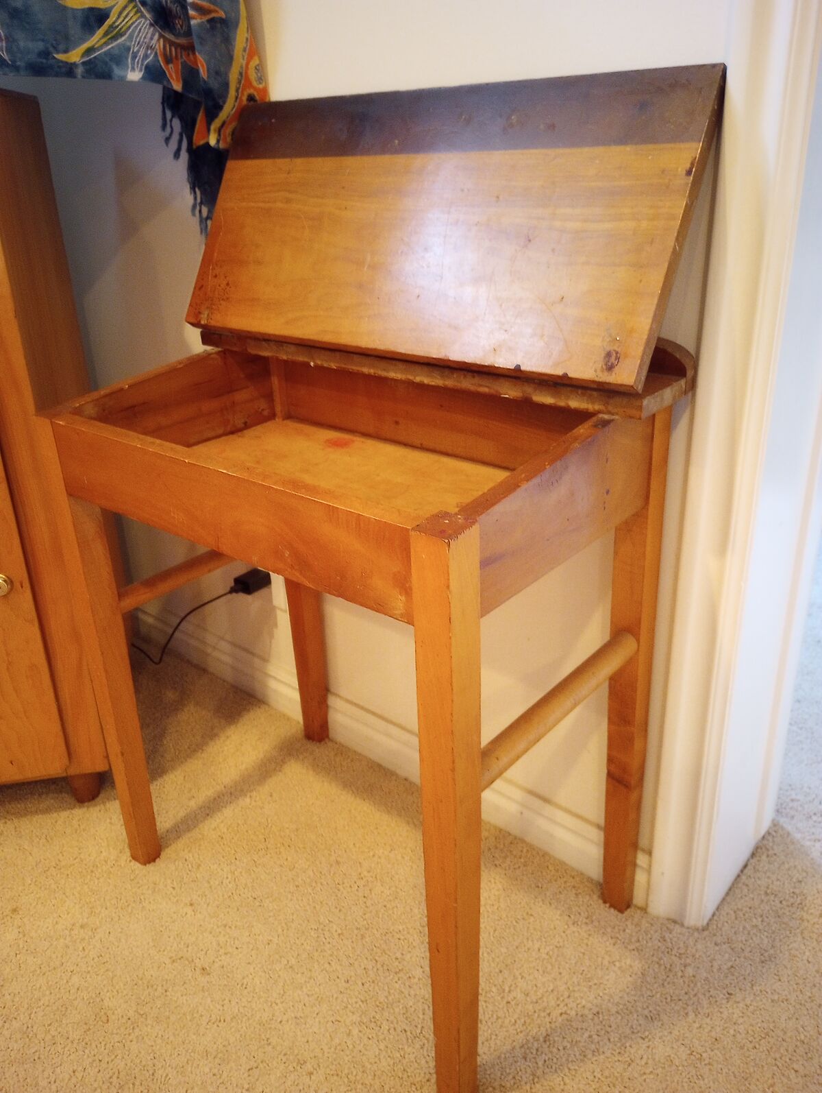 Antique desk, fan, lamp, cobbler stand, crates, ladle, sieve, scuttle, etc.