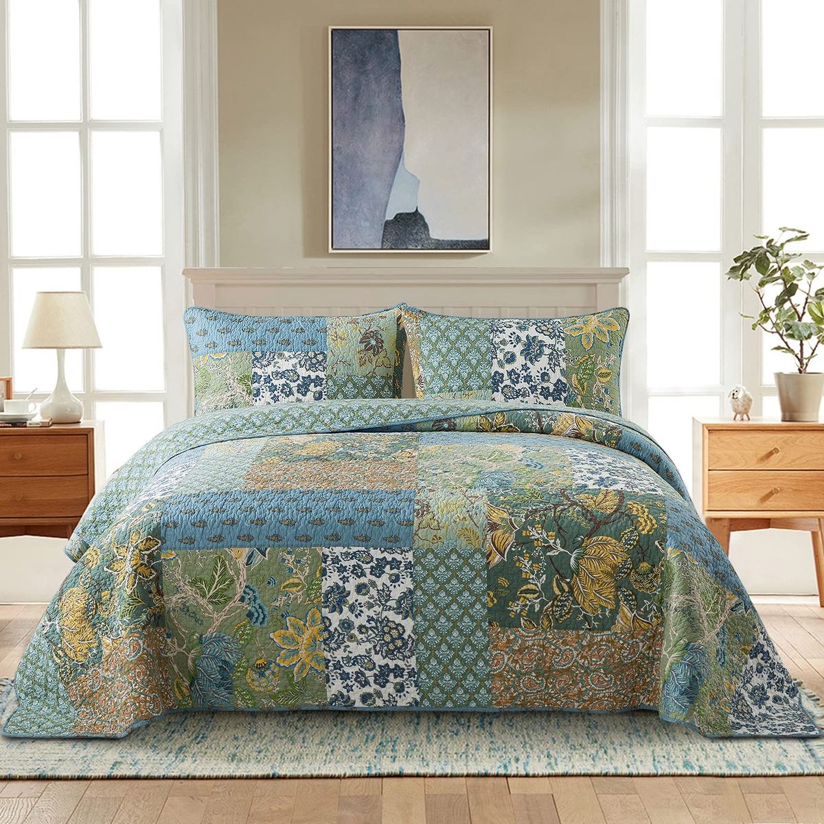 New in packaging! NEWLAKE Cotton Patchwork Bedspread, 3-Piece Bedding Quilt Set with Real Stitched Embroidery, Reversible 