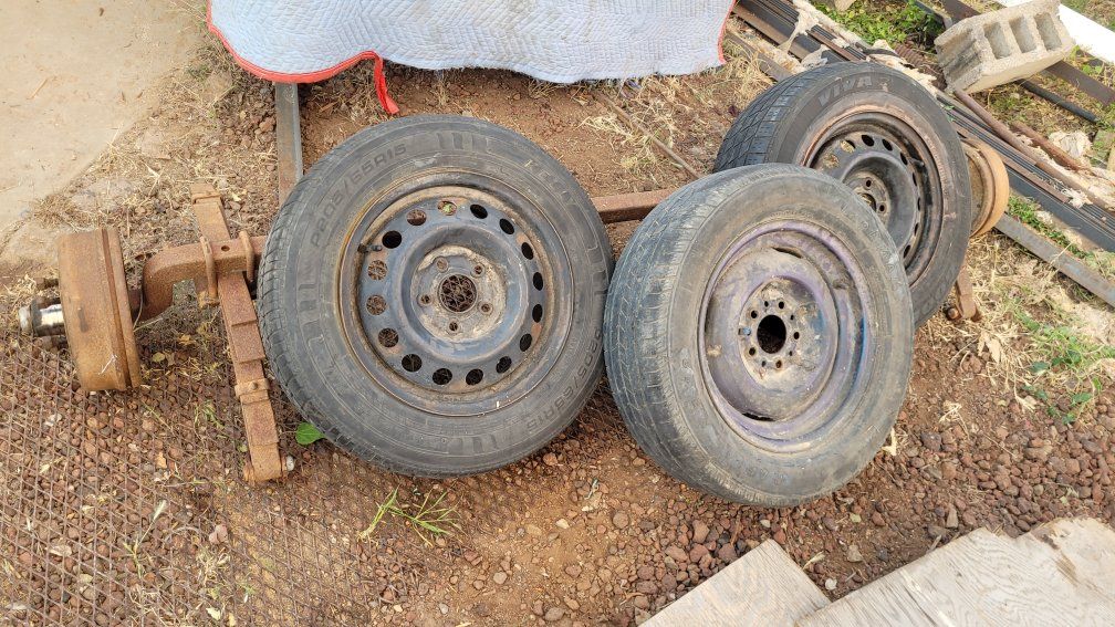 Trailer Axle Assembly with Leaf Springs and 3 Wheels/Tires