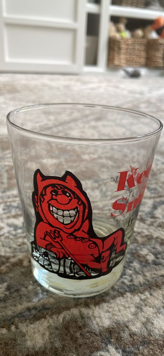 Vtg Novelty Drinking Tumbler Cocktail Glass Devil Keep Smiling 1977 C.M. Paula 