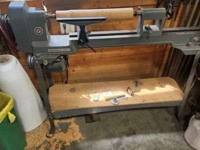 Vintage Rockwell Delta Wood Lathe with Stand, Duplicator Attachment & Turning Chisels