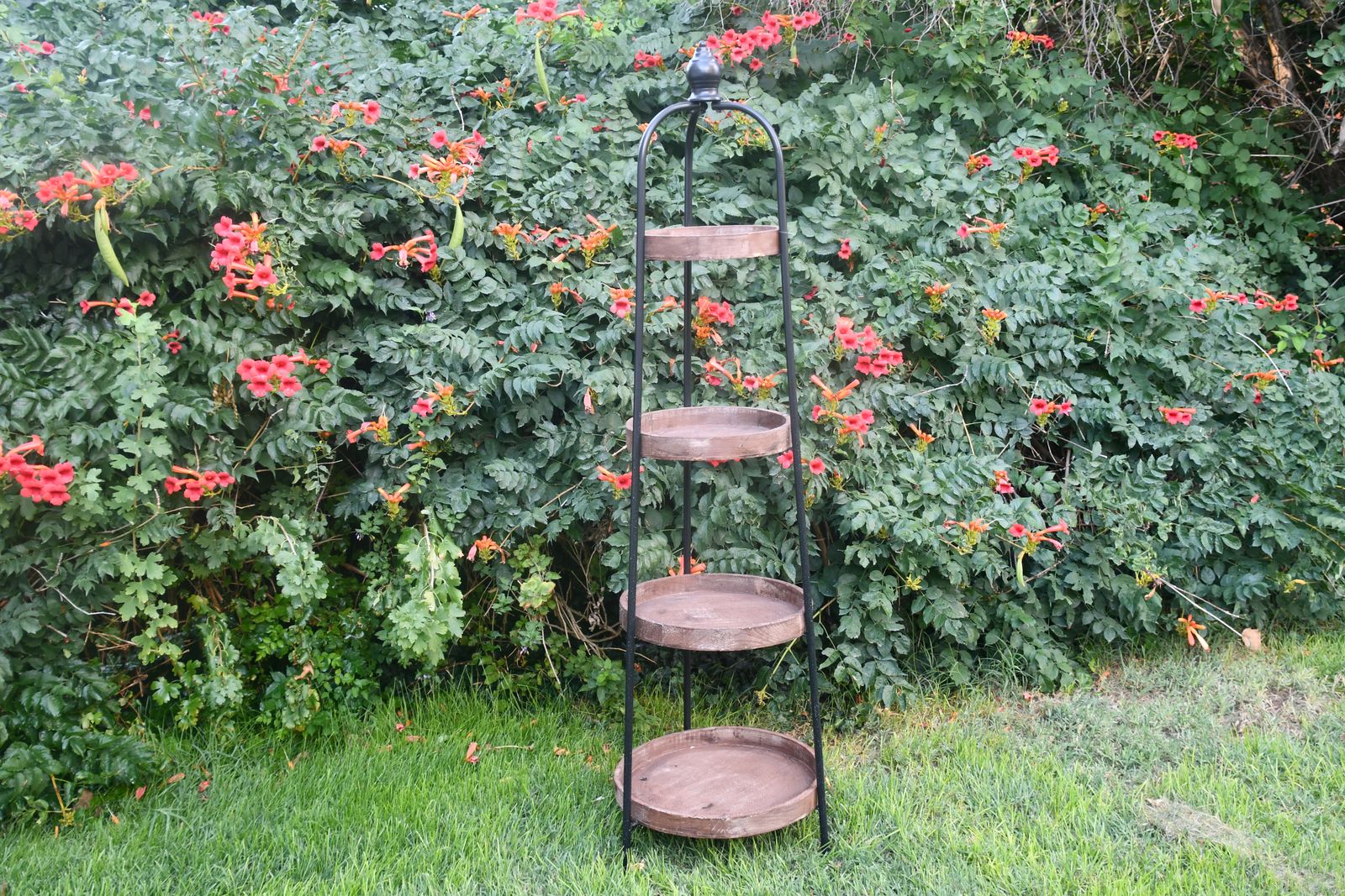 LARGE WOOD & METAL 4 TIER STAND ~ HEIGHT 65" ~ TRAY DIMENSIONS 11.5" to 17.5" ~ VERY NICE!