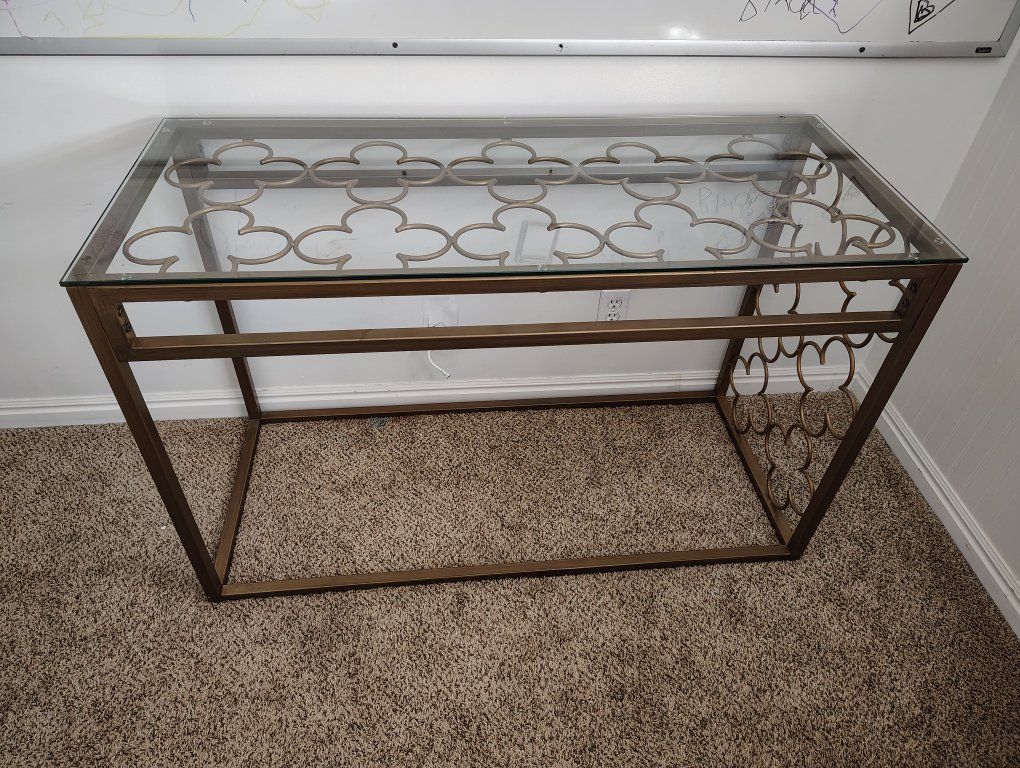 Glass Top Metal Console Table - Gold Finish, Clover Design, 49.5" L x 12" W x 32" H