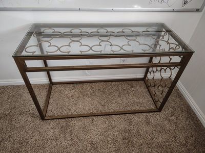 Glass Top Metal Console Table - Gold Finish, Clover Design, 49.5" L x 12" W x 32" H