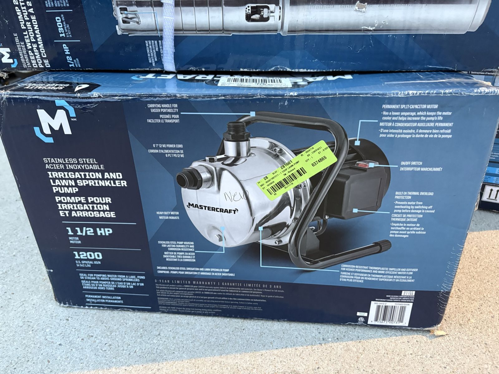 Mastercraft 1.5 HP Stainless Steel Irrigation & Lawn Sprinkler Pump - 1200 GPH, New