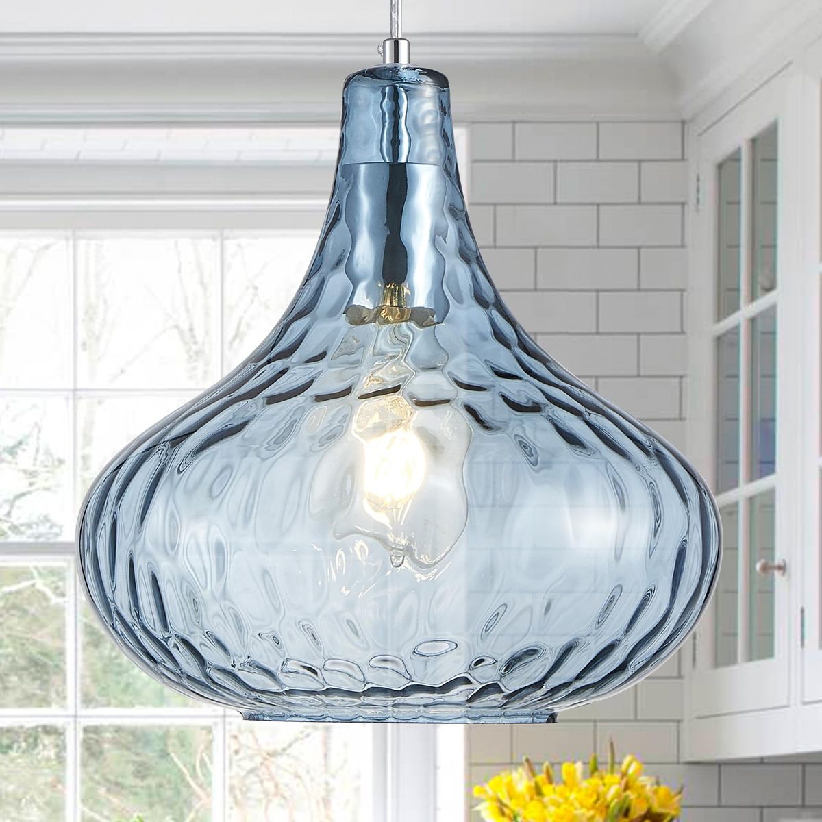 New 11" Blue Hammered Glass Pendant Light