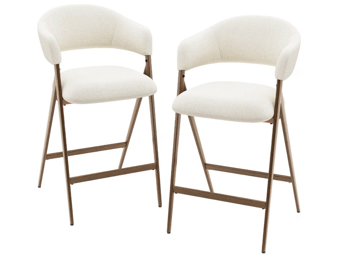Set of 2 Upholstered Counter Height Bar Stools - Cream Fabric, Metal Frame