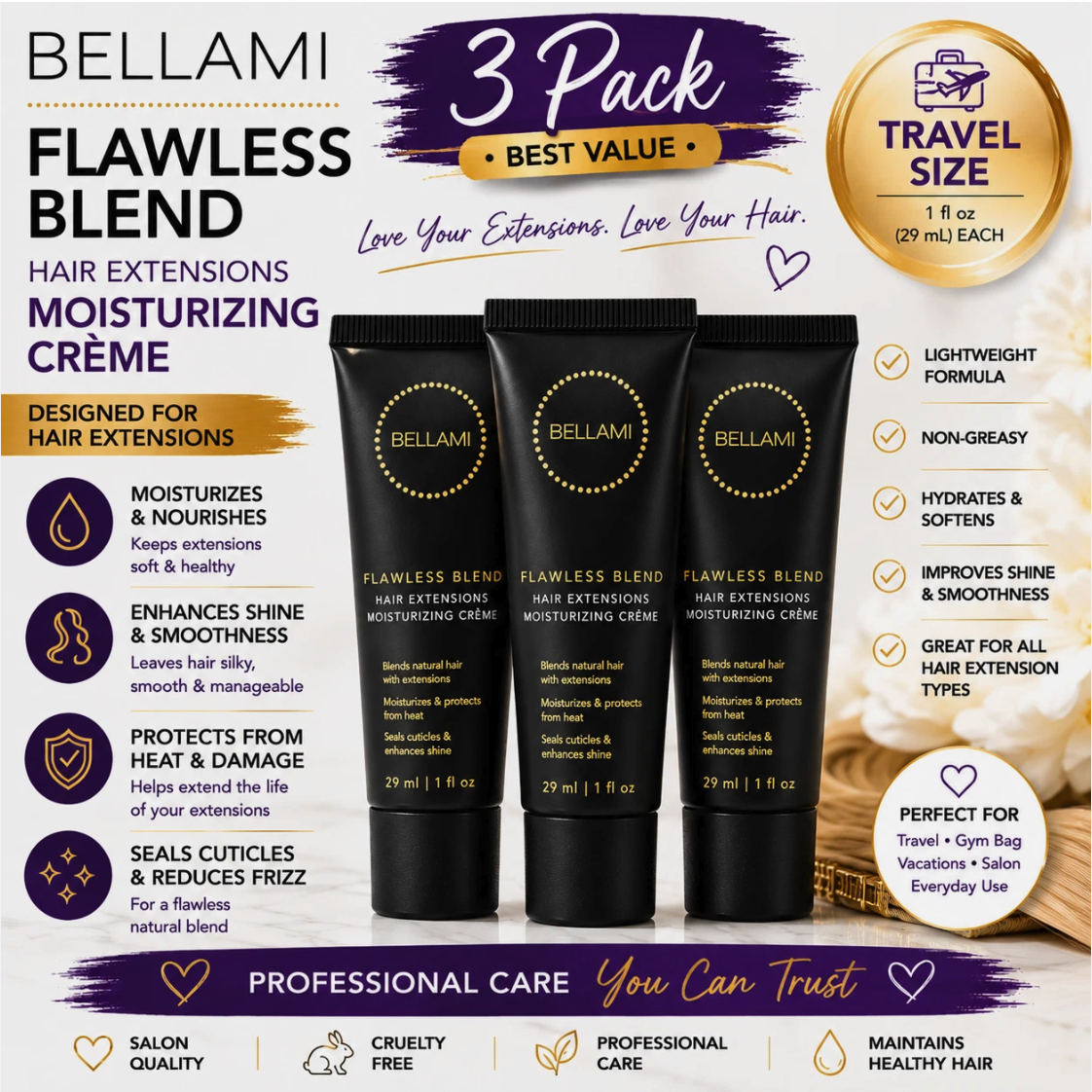 Bellami Flawless Blend Hair Extensions Moisturizing Crème 1oz Travel 3-Pack