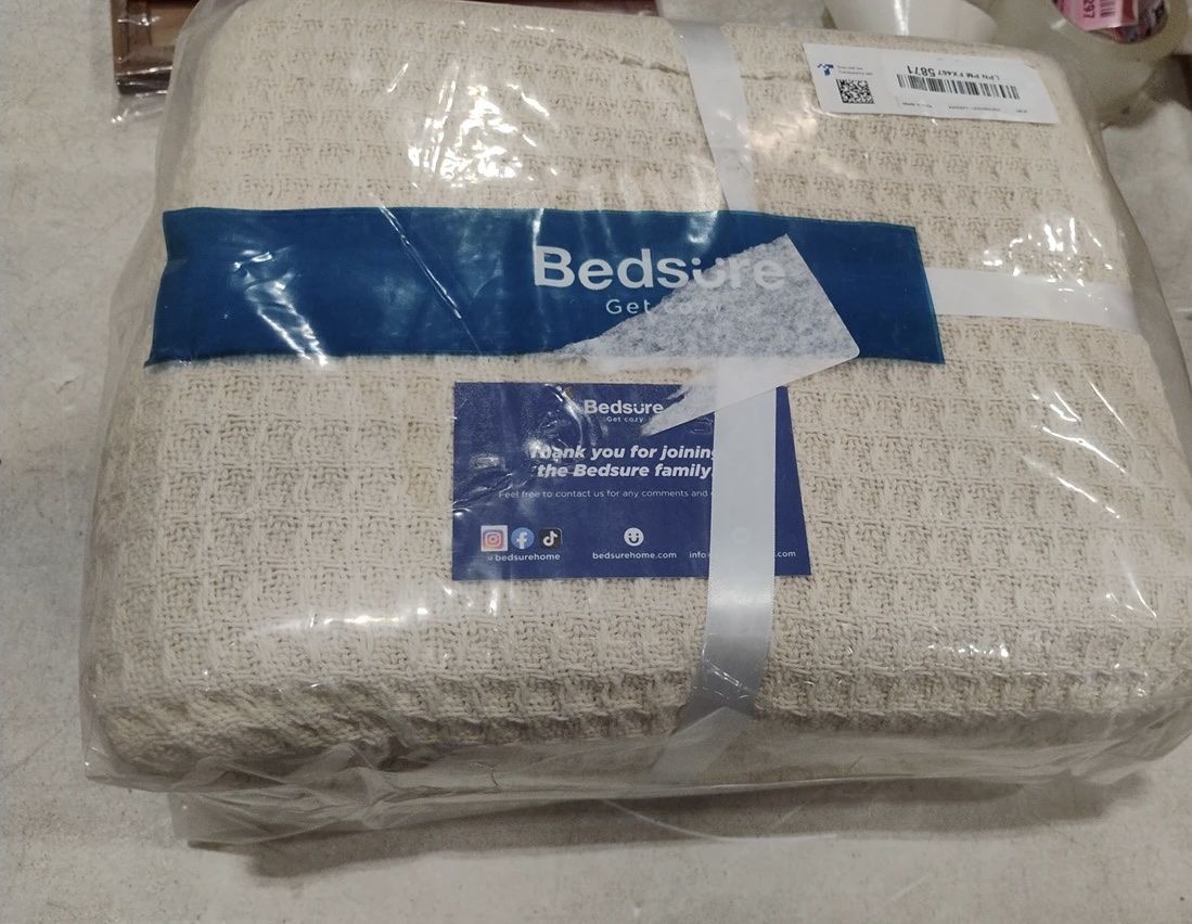 Bedsure 100% Cotton Waffle Weave Blanket - Cream/White, Full/Queen Size, OEKO-TEX Certified
