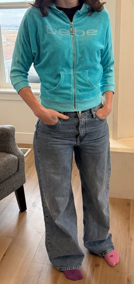 Bebe Venetian Teal Velour Zip-Up Jacket – Size Small