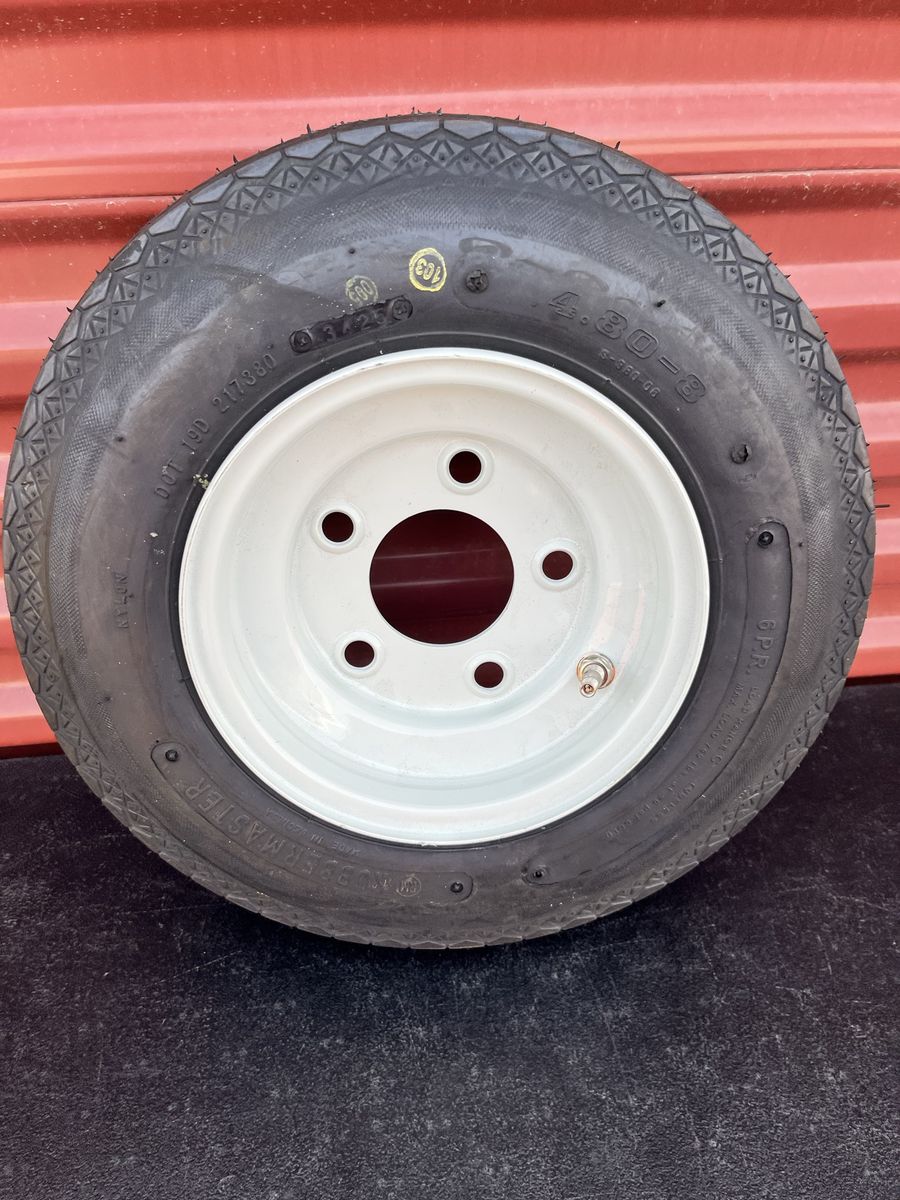 New ST 4.80-8 Trailer Tire Mounted on Rim 5 lug