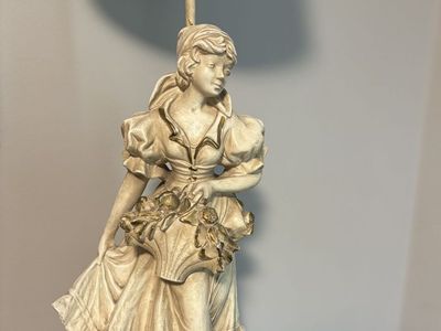 Pair 30" Vintage Chalkware Lamps Mid Century Figural Boy Girl Harvest Large