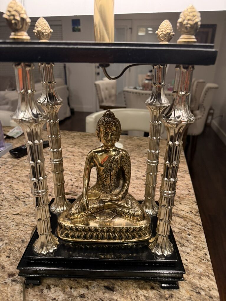 Vintage Brass Buddha in Temple Table Lamp