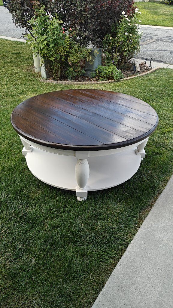 Large Round Wooden Coffee Table with Lower Storage Shelf - Dark Walnut Top & White Base