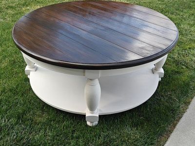 Large Round Wooden Coffee Table with Lower Storage Shelf - Dark Walnut Top & White Base