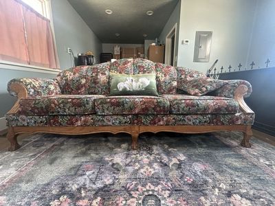 Vintage Floral Tapestry Sofa with Carved Wood Frame