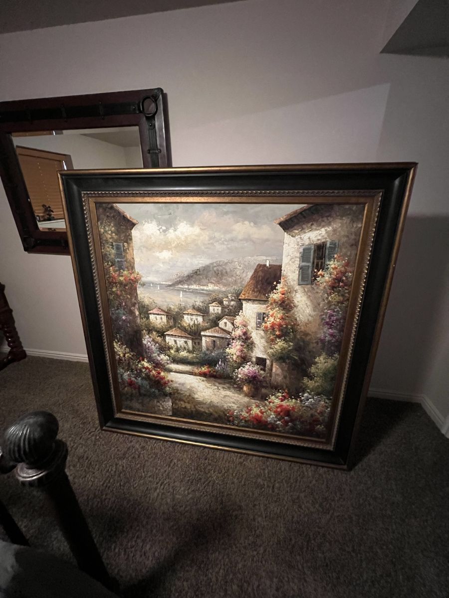 Artmasters Collection Hand-Painted Oil Painting - Framed, Mediterranean Village Scene