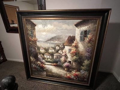 Artmasters Collection Hand-Painted Oil Painting - Framed, Mediterranean Village Scene