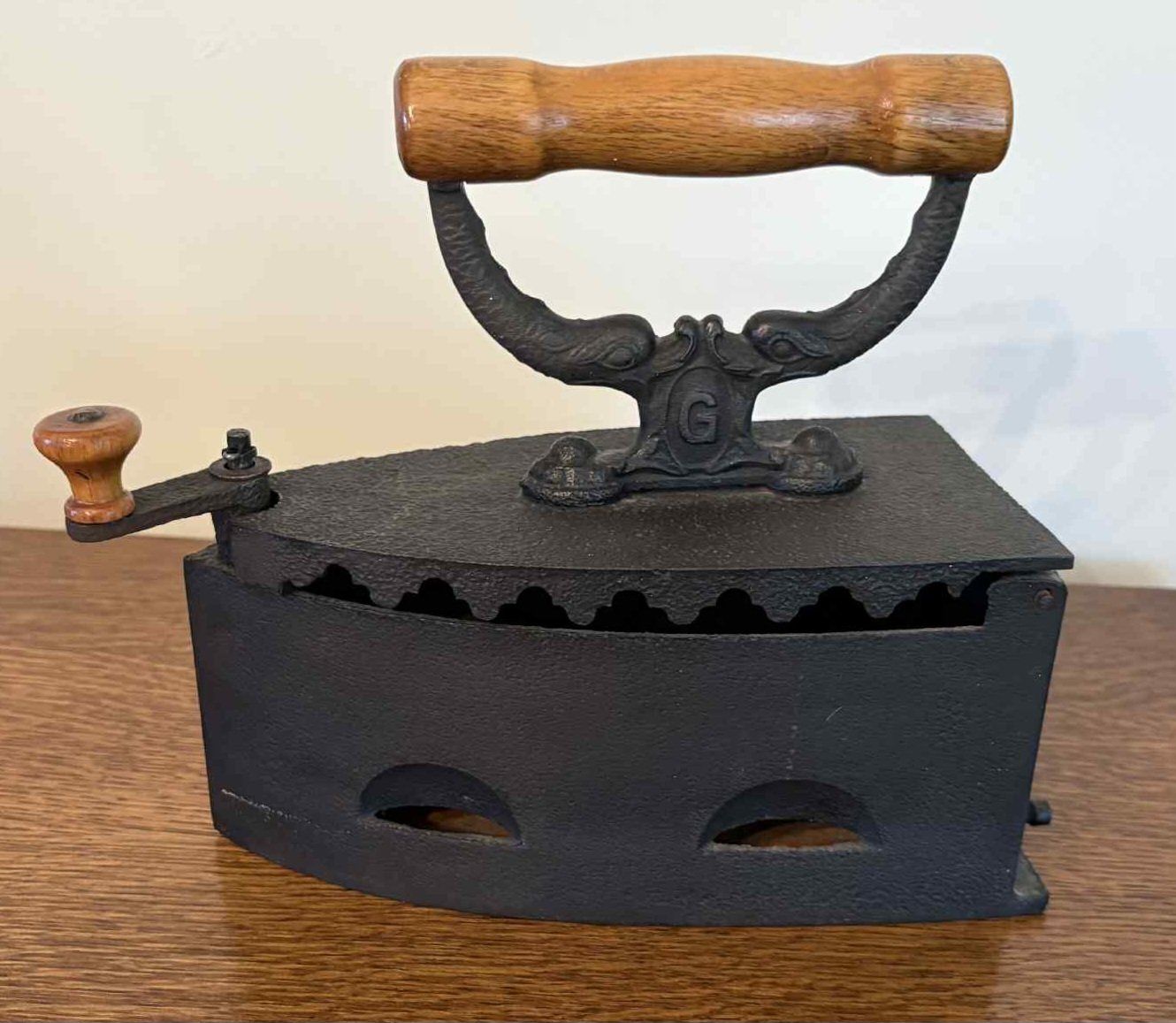 Antique Cast Iron Sad Iron with Wooden Handle and Latch