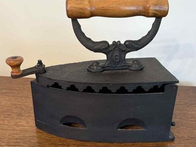 Antique Cast Iron Sad Iron with Wooden Handle and Latch