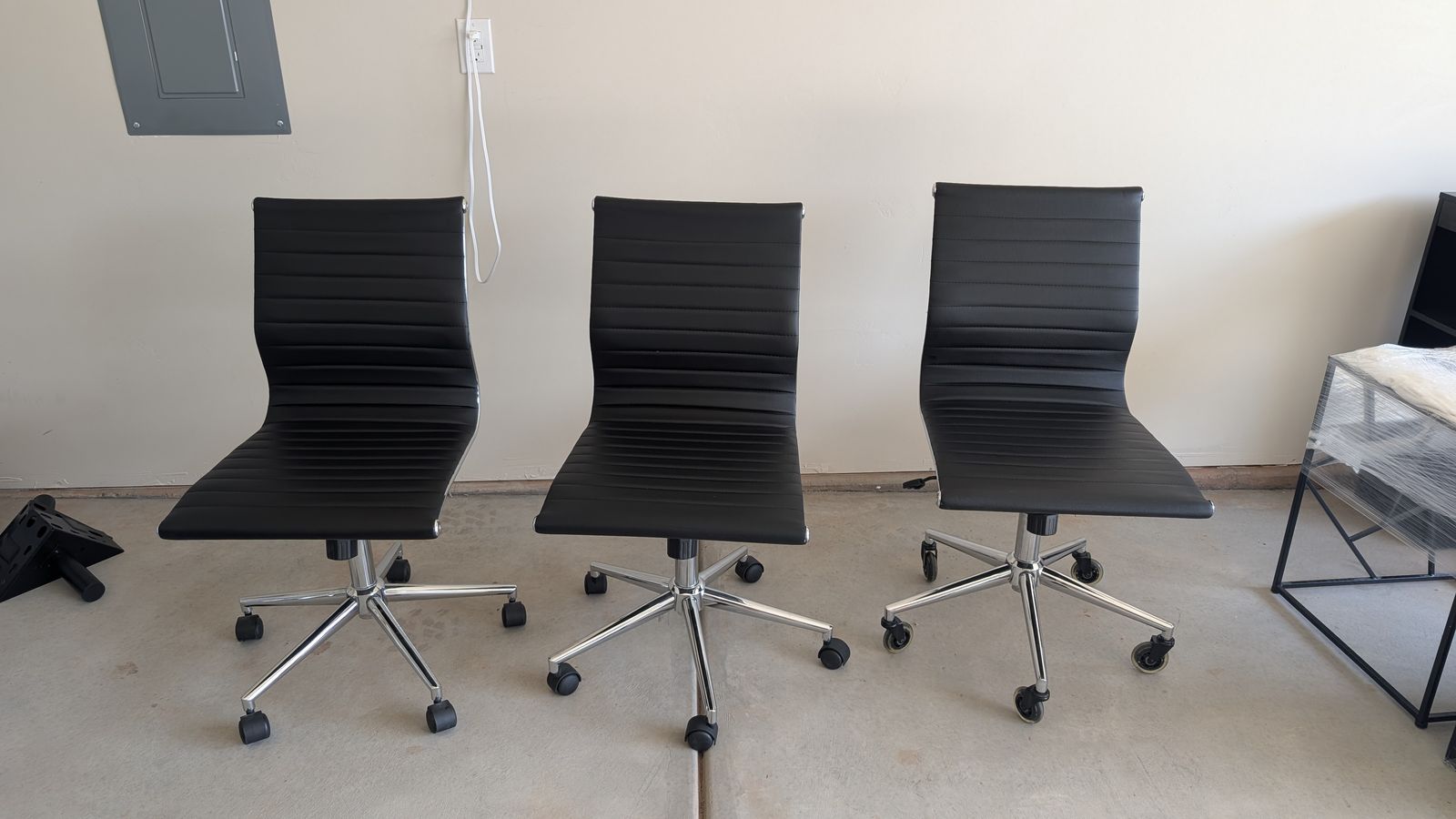 Modern Black Faux Leather Armless Office Chairs with Chrome Base - Set of 3