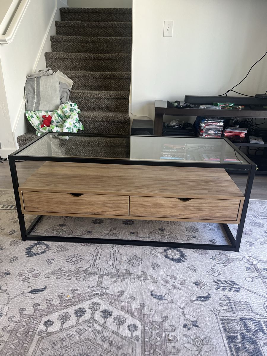 Modern Glass Top Coffee Table with Wood Drawers & Black Metal Frame