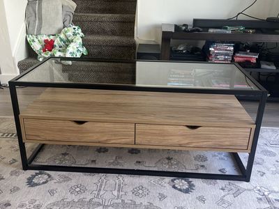 Modern Glass Top Coffee Table with Wood Drawers & Black Metal Frame