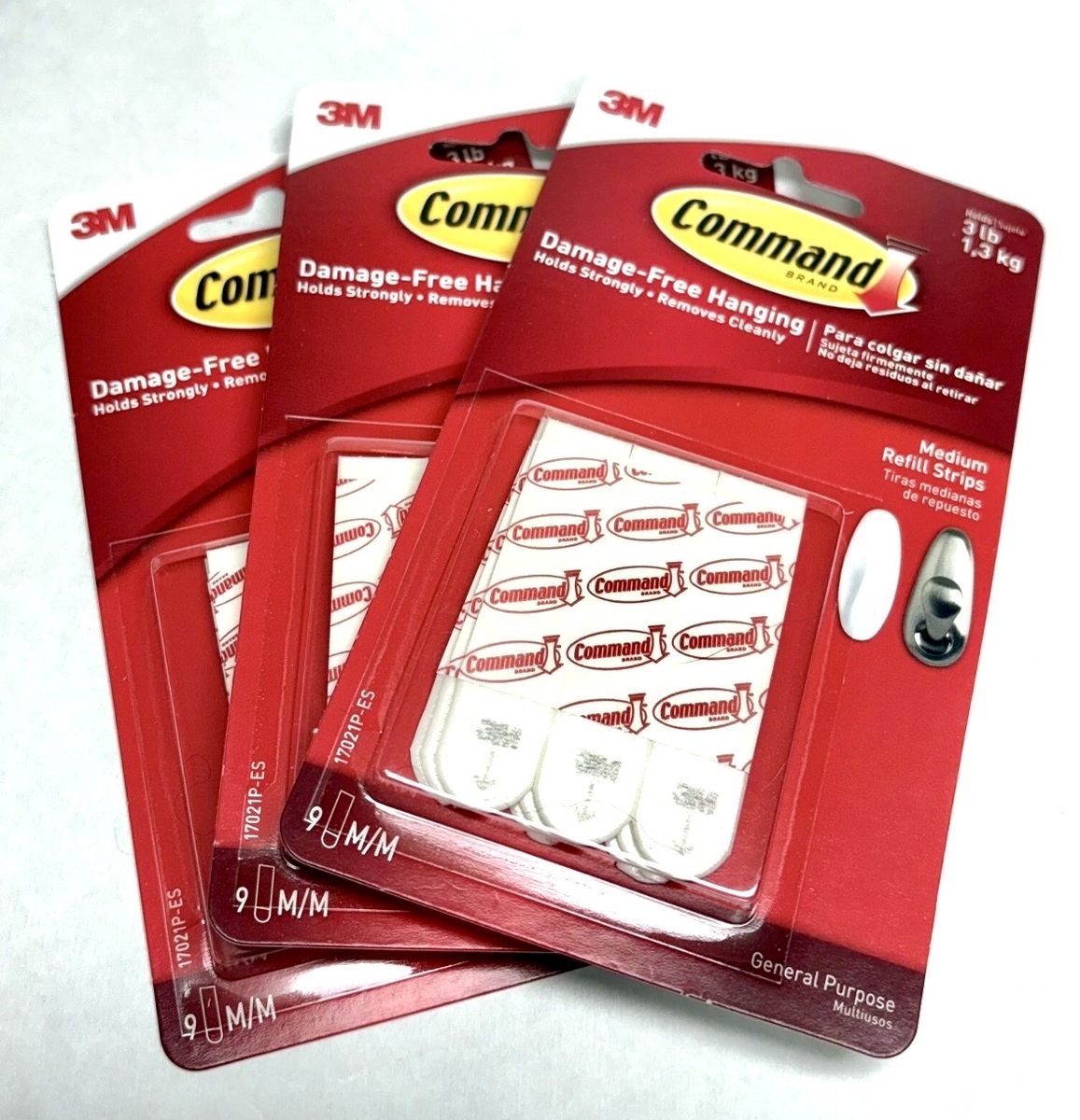 3M Command Damage-Free Hanging Medium Refill Strips, General Purpose, Holds 3 lbs (3-Packs)