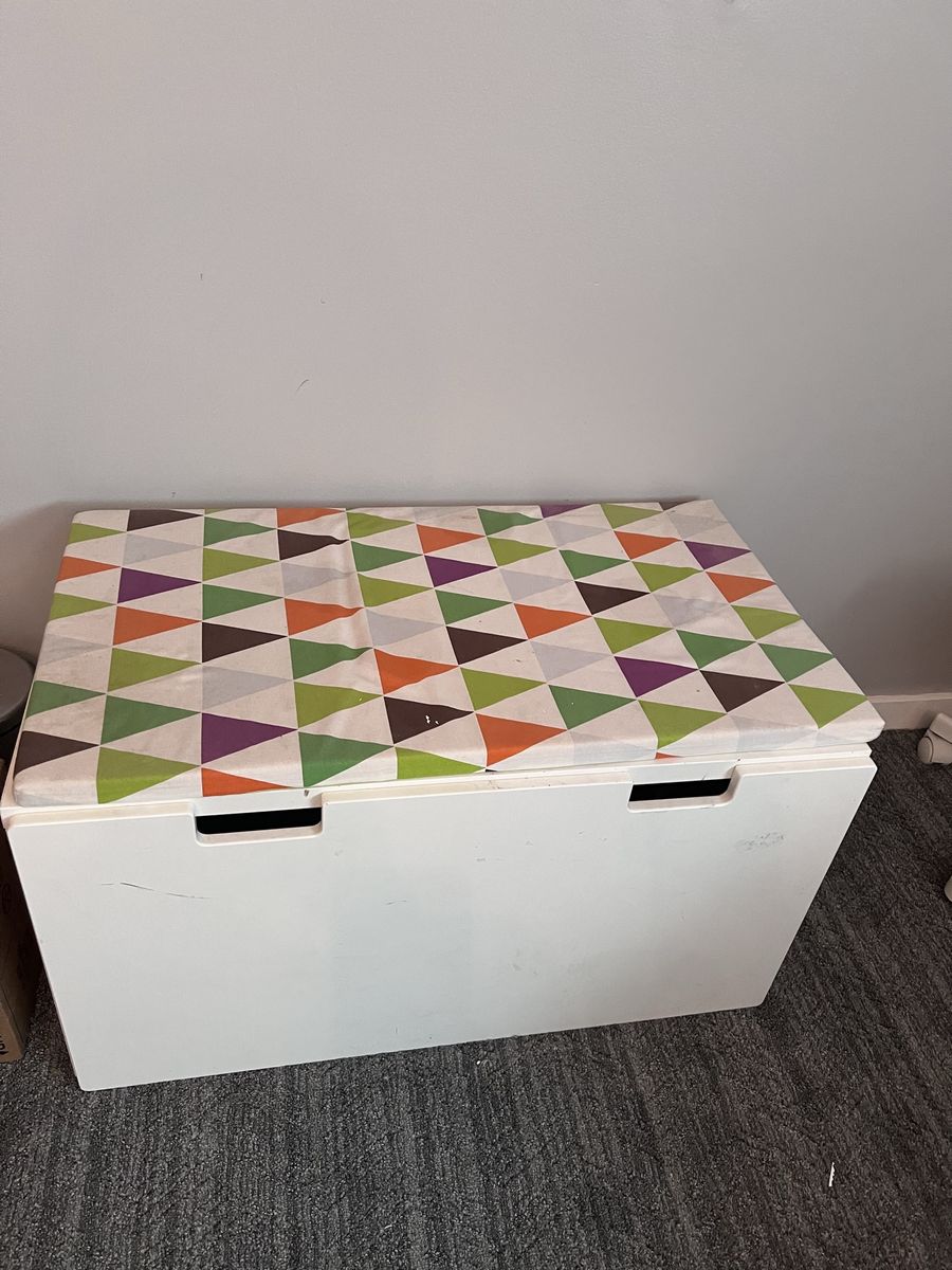 IKEA White Toy Storage Box with Colorful Geometric Cushion Top