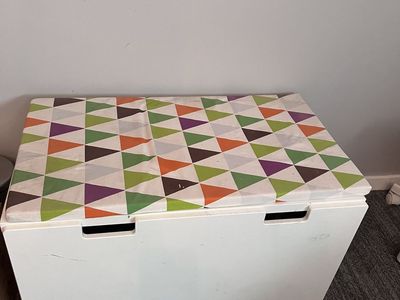 IKEA White Toy Storage Box with Colorful Geometric Cushion Top