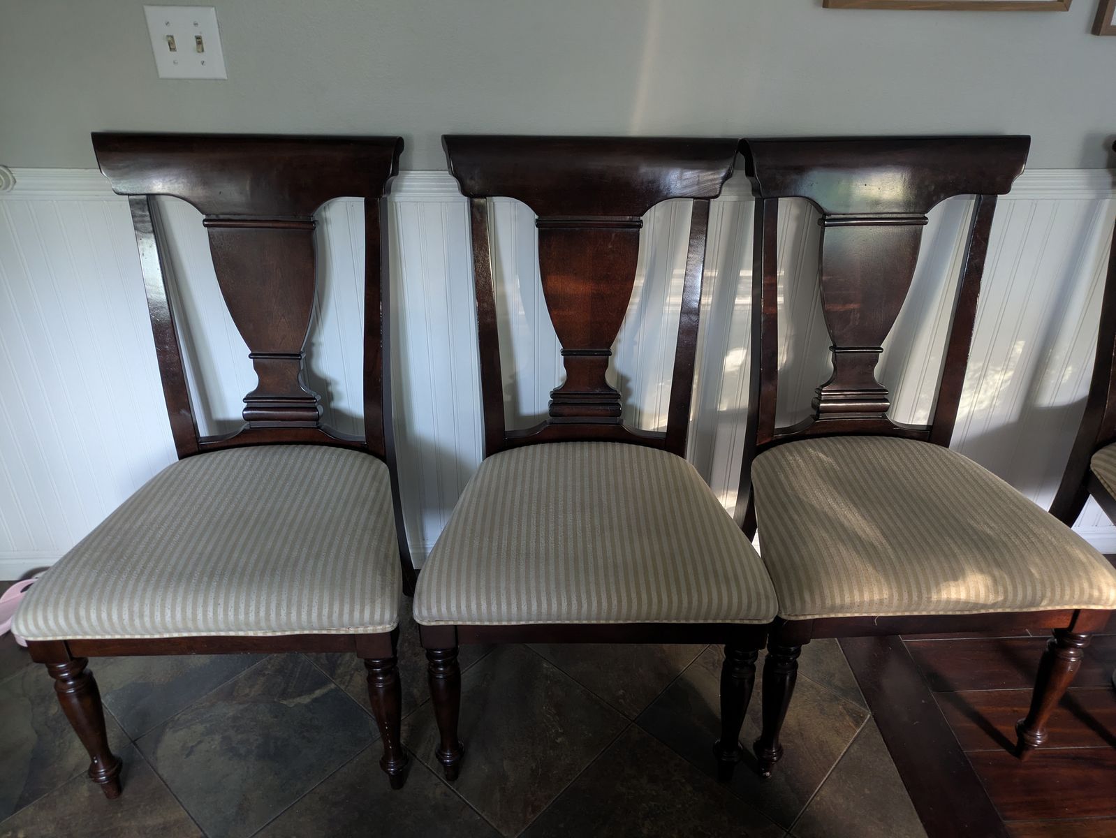 Dark Wood Dining Table Set with Striped Upholstered Chairs