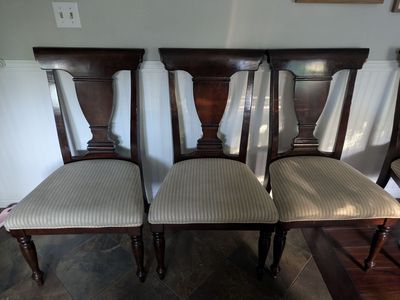 Dark Wood Dining Table Set with Striped Upholstered Chairs