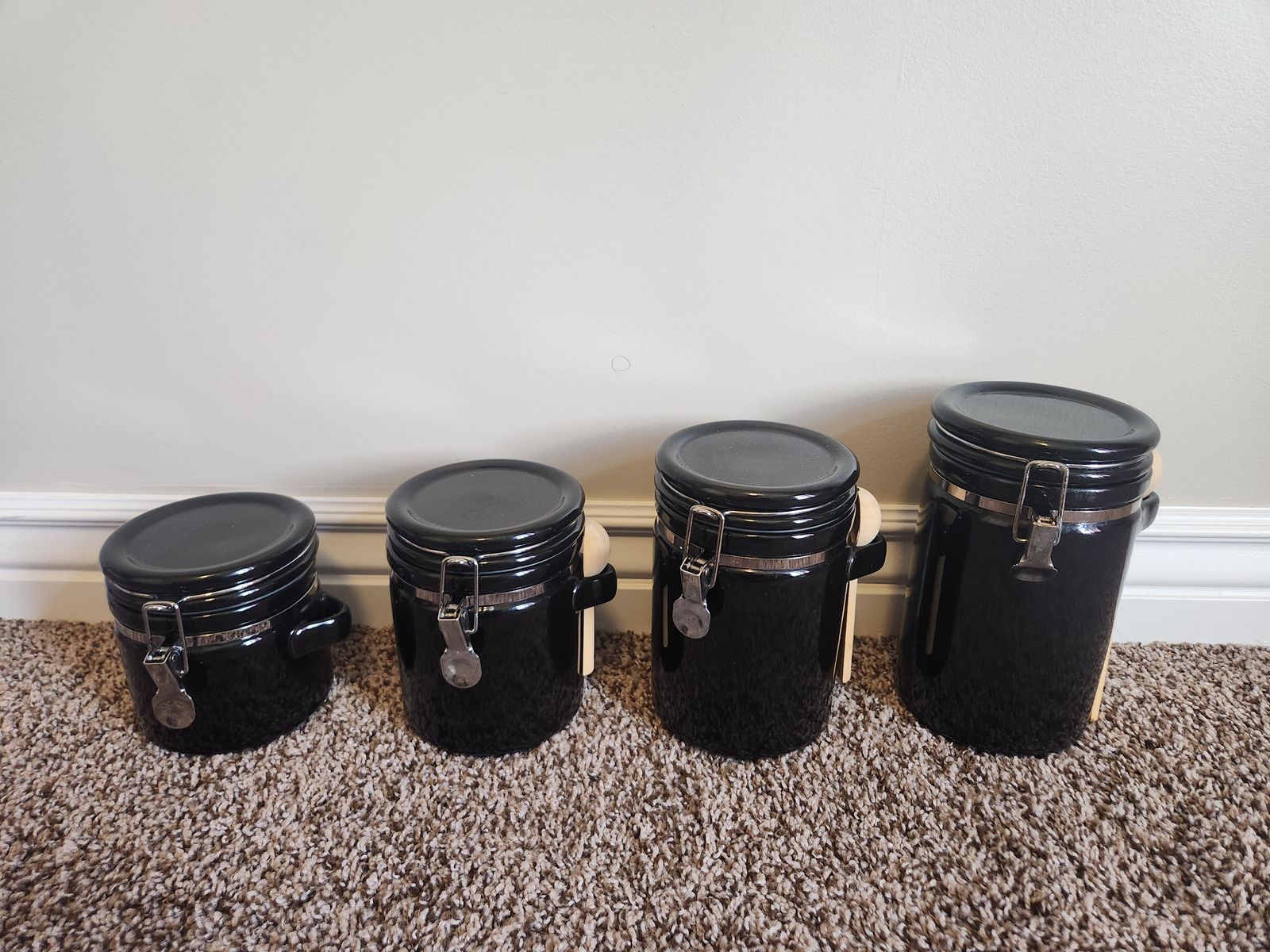 Set of 4 Black Ceramic Canister Jars with Latch Lids & Wooden Scoops