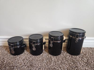 Set of 4 Black Ceramic Canister Jars with Latch Lids & Wooden Scoops