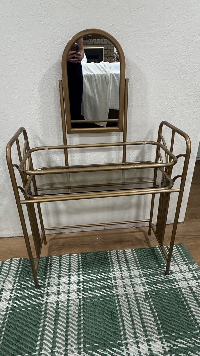 Vintage Gold Metal Vanity with Mirror – $35