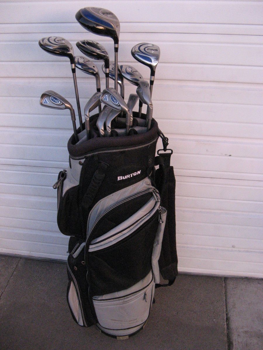 14 PING GOLF CLUBS, (3 HYBRID), AND WITH A NICE 14 HOLE BURTON GOLF BAG