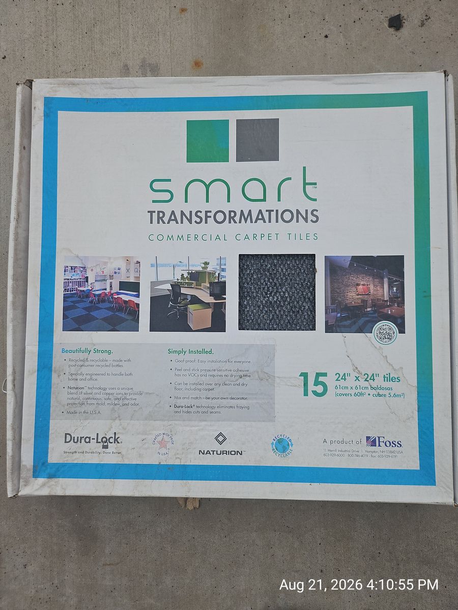 Smart Transformations Commercial Carpet Tiles Foss 24" x 24" 15 Tiles Box