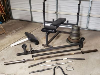 Olympic Weight Bench / Weights 290 lbs. / Barbell / Cable Attachments