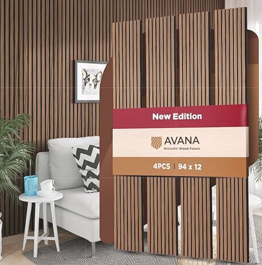 Avana Acoustic Wood Wall Panels – 93.2x11.25 Inch Panels – Fits 94x12 Layout – Rustic Walnut Acoustic Panels 4 PCs –Wall Panels