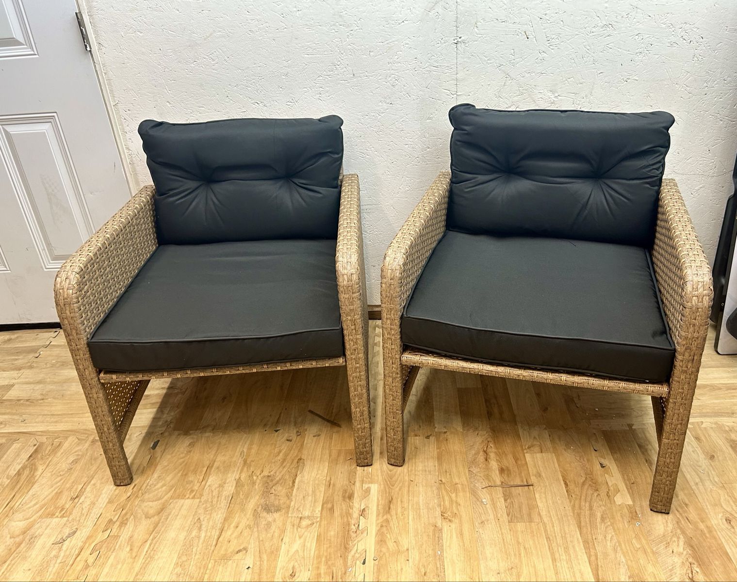 New Set of 2 Wicker Patio Chairs with Black Cushions