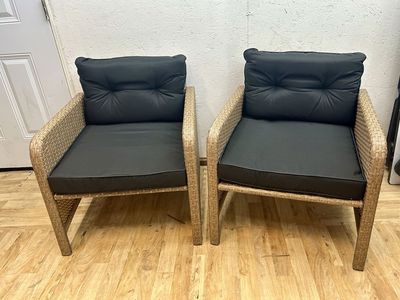 New Set of 2 Wicker Patio Chairs with Black Cushions