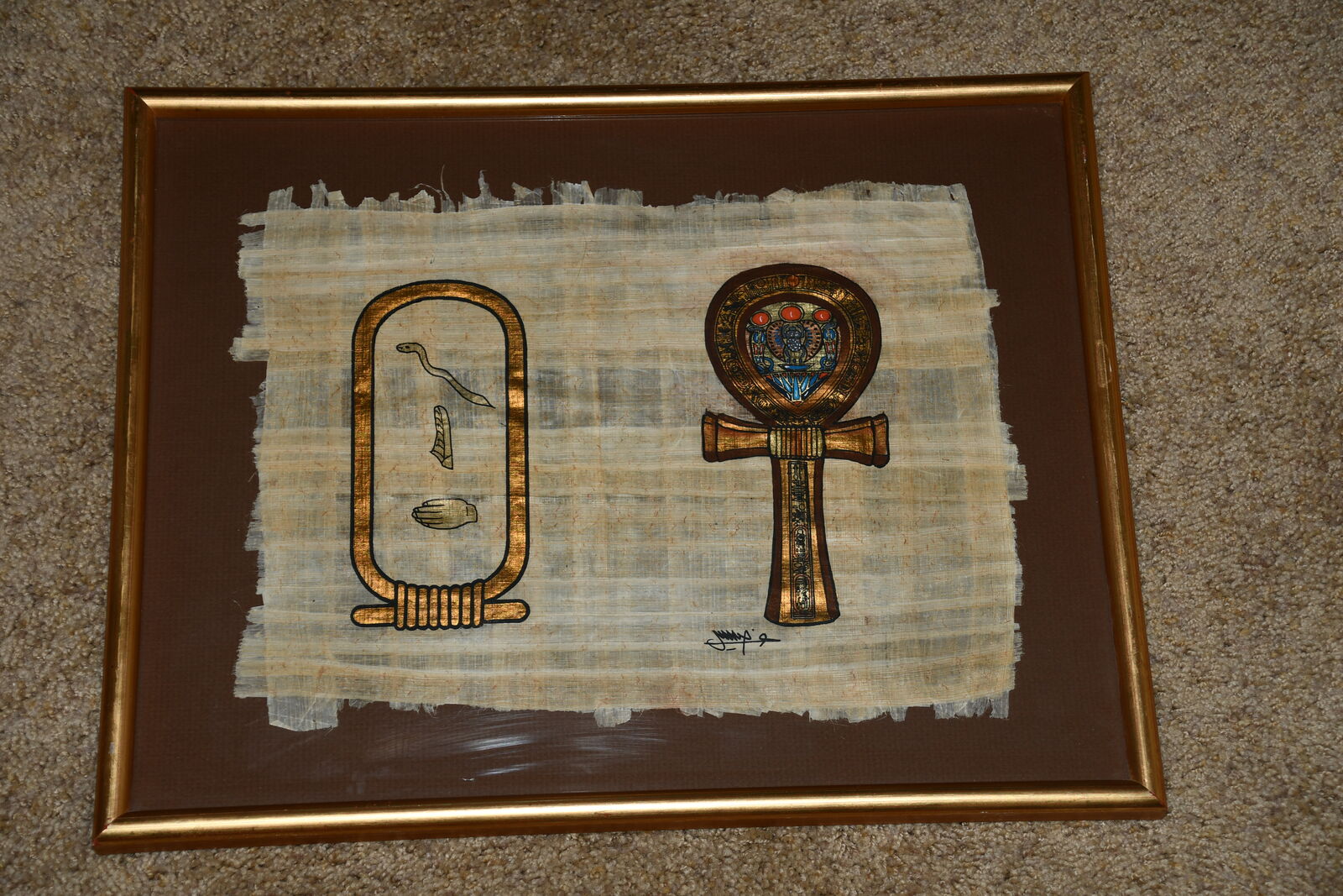HANDMADE & SIGNED EGYPTAIN PAPYRUS ARTWORK ~ 13" x 17" FRAMED ~ HIEROGLYPHIC SYMBOLS, CARTOUCHES, ANKH