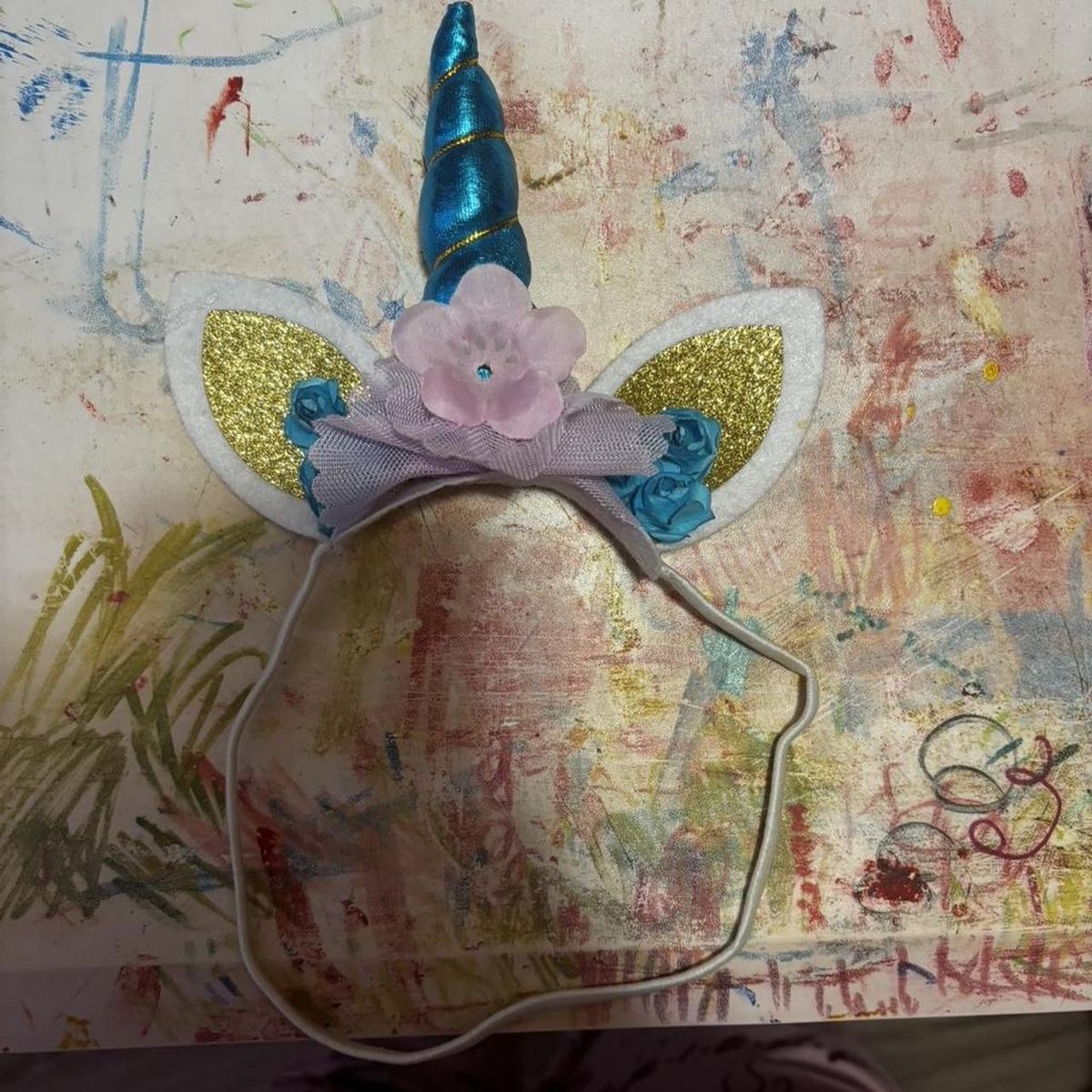 Unicorn Headband Blue Horn Gold Glitter Ears Pink Flower & Blue Roses
