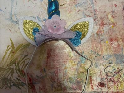 Unicorn Headband Blue Horn Gold Glitter Ears Pink Flower & Blue Roses